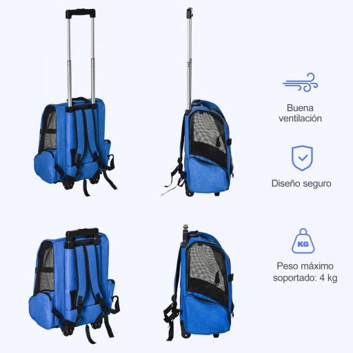 Transportín Carrito para Mascotas 2 en 1 Mochila de Viaje con 2 Ruedas para Perros Gatos con Asa Retráctil de Aluminio y Bolsillos de Almacenaje 42x25x55 cm Azul [1]