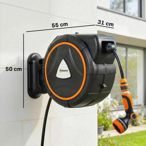 Carrete de Manguera Retráctil 23+2 m con 12 Modos de Rociado Bloqueo Automático Retracción Controlada Soporte Naranja [1]