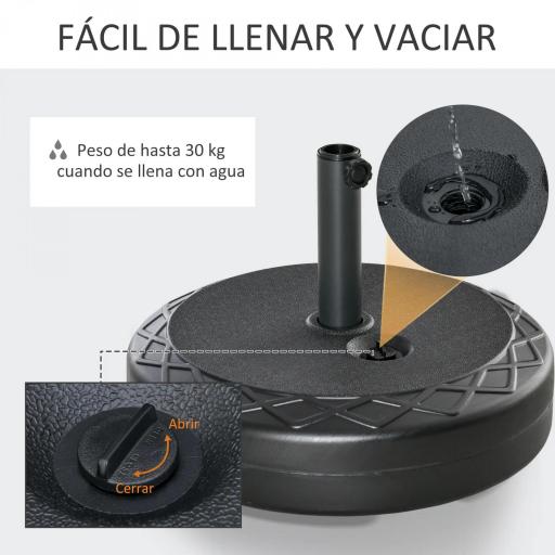 Base de Sombrilla Rellenable de Agua 30 kg Soporte de Parasol Redondo Apto para Postes de 38mm 48 mm Metal y Plástico para Jardín Terraza Ø55x38 cm Negro [3]