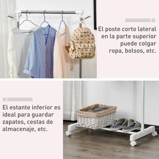 Estante de Ropa Perchero Estándar de Barra Altura Ajustable Portátil con Estante Inferior sobre Ruedas Tubería de Acero 68,5x42x87-145 cm Blanco Plata [2]