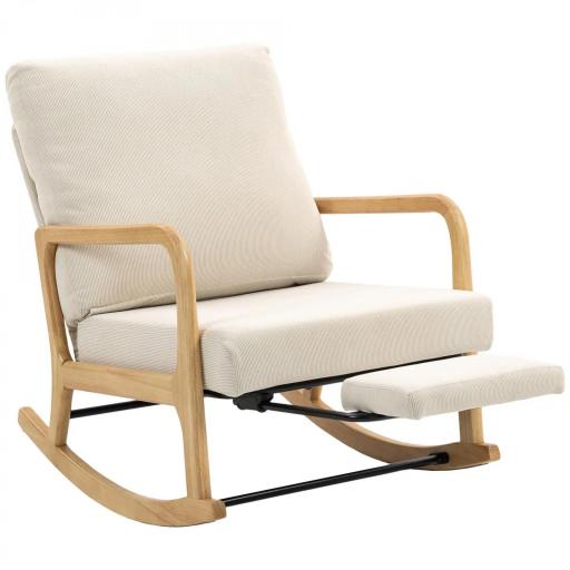 Silla Mecedora Nórdica con Reposapiés Respaldo Ajustable Mecedora de Pana Patas de Madera y Reposabrazos Cojín Crema [8]