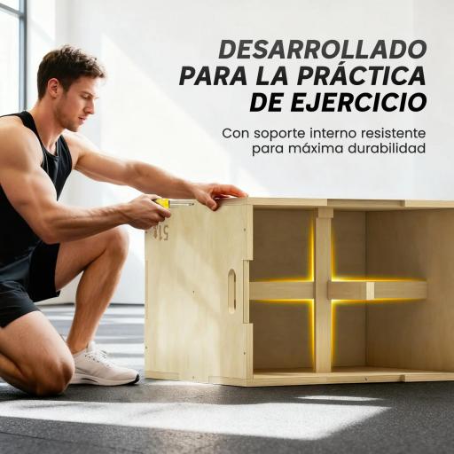 Cajón de Salto de Madera 3 en 1 con 2 Mango Hueco Carga 120 kg para Casa Oficina Gimnasia 61x51x76 cm Madera Natural [7]