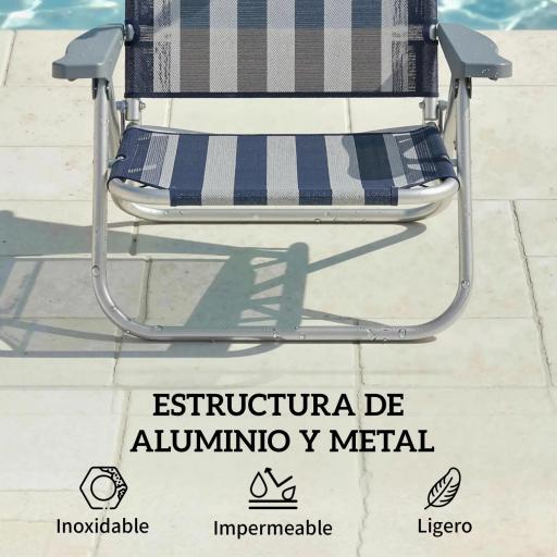 Juego de 2 Sillas de Playa Plegables con Dosel Ajustable Respaldo Reclinable 6 Posiciones Reposacabezas Azul y Blanco [6]