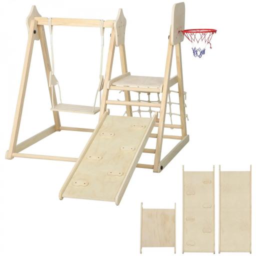 Tobogán Infantil 5 en 1 Estructura de Escalada con Tobogán Columpio Aro de Baloncesto Tabla Red de Escalada Natural [9]