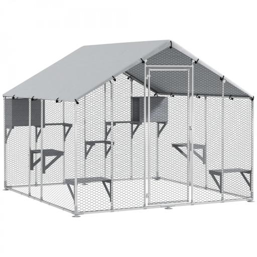 Jaula Grande para Gatos Exterior con 2 Casitas 7 Plataformas para Saltar Cubierta Impermeable y Anti-UV 240x193x195 cm [8]