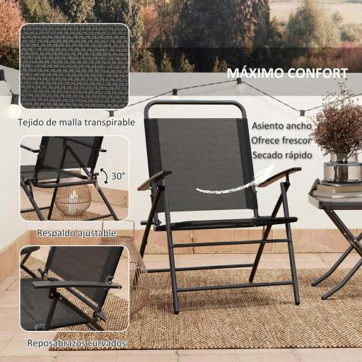 Conjunto de 3 Piezas Mesa con Encimera de Cristal y Sillas Plegables con Respaldo Regulable para Terraza Exterior Negro [5]
