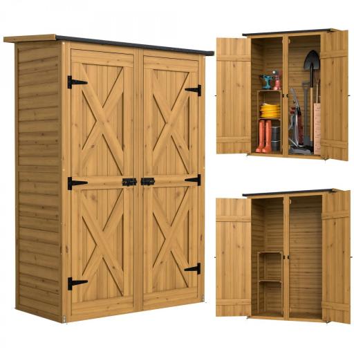 Caseta de Jardín de Madera 115x53x156 cm Armario para Herramientas con Puertas Dobles y Estantes Techo Inclinado Marrón [8]