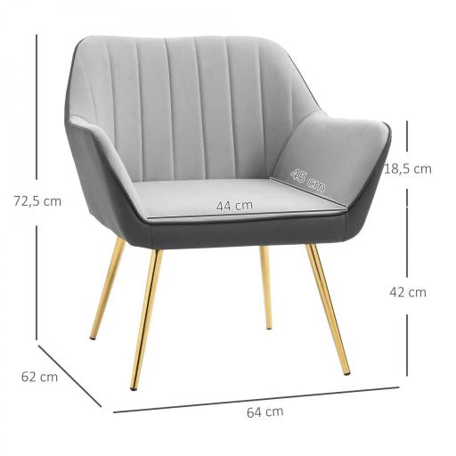 Silla de Cuero Sintético y Terciopelo con Respaldo a Rayas Patas Doradas y Asiento Acolchado para Salón Dormitorio Gris [1]