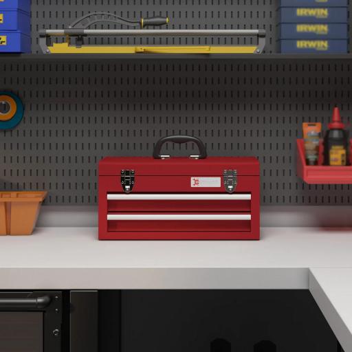 Caja de Herramientas de Acero con 2 Cajones Bandeja Tapa Abatible Cierres Metálicos y Asa 46x24x22 cm Rojo [6]