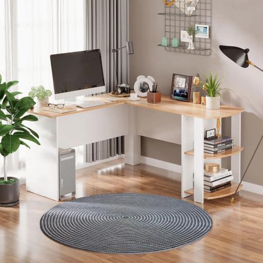 Mesa de Ordenador PC Escritorio con Estantes para Oficina Hogar Tipo Esquinera Forma L 136x130x72cm Madera