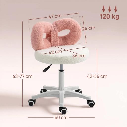 Taburete con Ruedas Respaldo Altura Regulable 63-77 cm Tapizado en Tejido de Borreguito Blanco y Rosa [6]