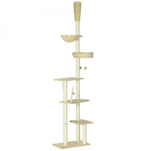 Árbol para Gatos de Suelo a Techo de 230-250 cm con Altura Ajustable Múltiples Plataformas Cestos Hamaca Bolas Beige [9]