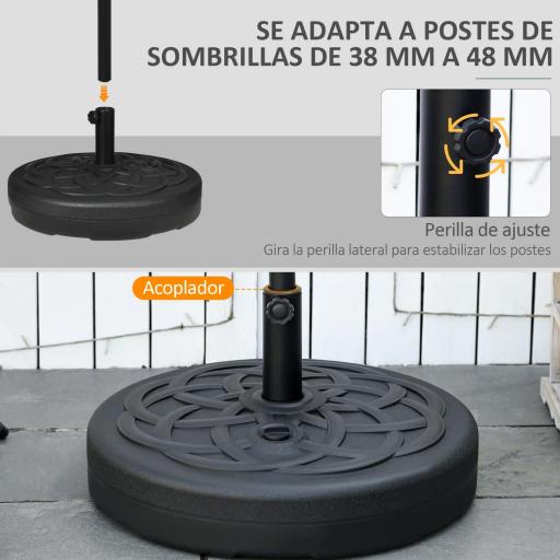 Base de Sombrilla de PE Redonda para Postes de 38mm/48mm Rellenable de Arena 35 kg y Agua 25L Ø56x30,5 cm Negro [2]