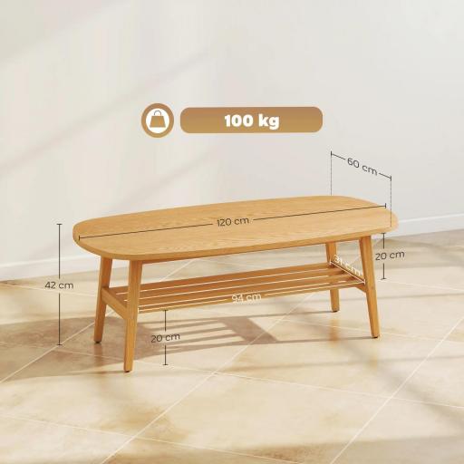 Mesa de Centro Moderna Mesa Baja con Estante Abierto y Patas de Madera para Salón Carga 100 kg 120x60x42cm Natural [1]