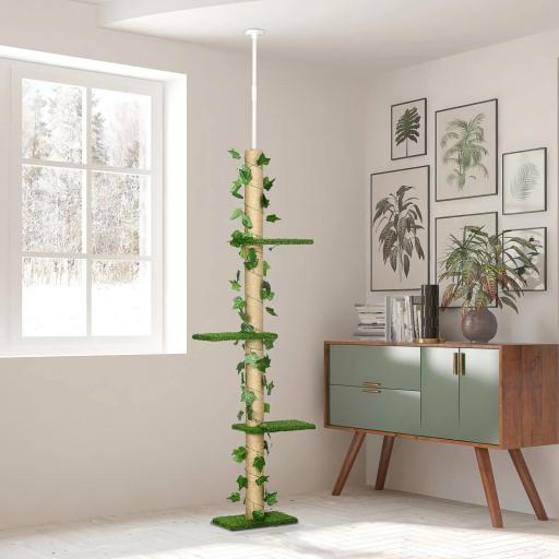 Árbol para Gatos del Suelo al Techo 37x21x202-242 cm con Altura Ajustable 4 Plataformas de Césped Artificial Verde