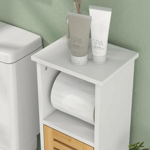 Mueble Auxiliar de Baño con Portarrollos de Papel Estantes Ajustable y Puerta de Bambú 21x17x78 cm Blanco y Natural [4]