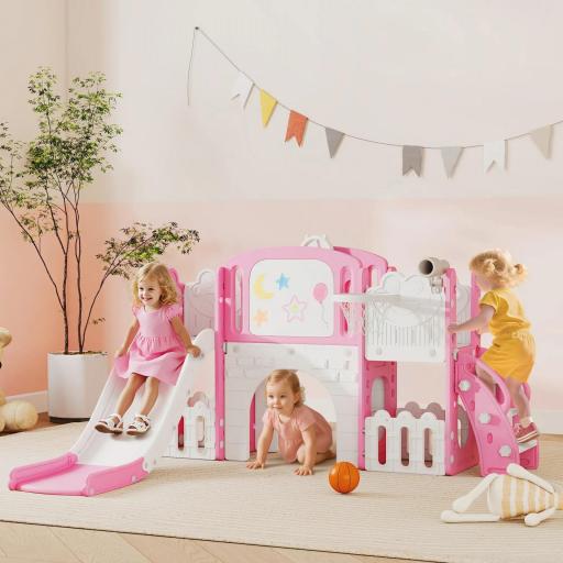 Tobogán Infantil 7 en 1 Temática de Rana con Aro de Baloncesto Túnel Pizarra Telescopio Escalador y Cajas Rosa