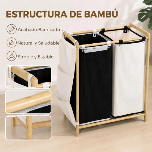 Cesto de Ropa Sucia con Tapa 120L de Bambú con 2 Compartimentos Bolsas con Cordón Bolsillos Laterales Blanco y Negro [8]