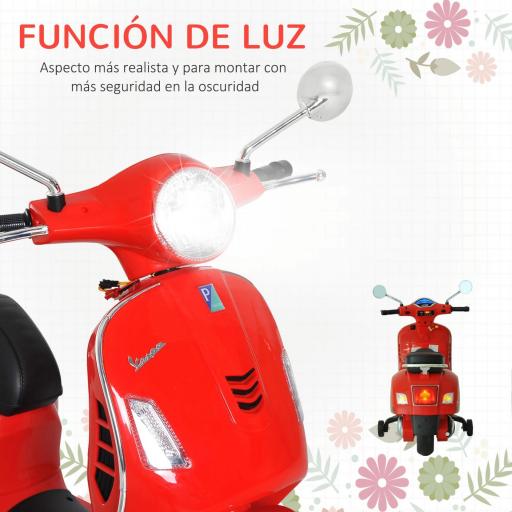 Moto Eléctrica Infantil Coche Triciclo Vespa Scooter Eléctrico a Batería con Luz MP3 USB Bocina para Niños Más de 3 Años Carga 25kg Rojo [3]