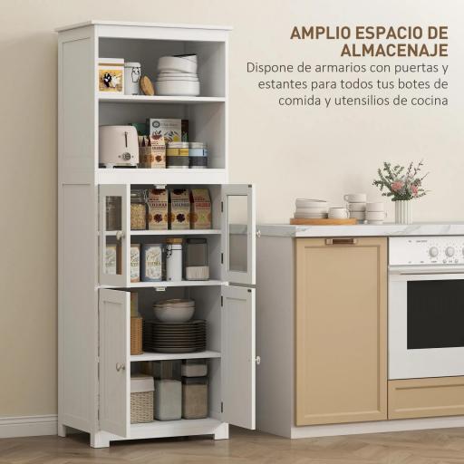 Aparador de Comedor Armario de Cocina con 4 Puertas 2 Estantes Abiertos y Estante Ajustable para Salón 60x30x162 cm Blanco [3]