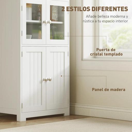 Aparador de Comedor Armario de Cocina con 4 Puertas 2 Estantes Abiertos y Estante Ajustable para Salón 60x30x162 cm Blanco [4]