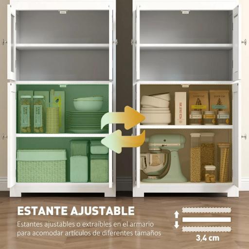 Aparador de Comedor Armario de Cocina con 4 Puertas 2 Estantes Abiertos y Estante Ajustable para Salón 60x30x162 cm Blanco [2]