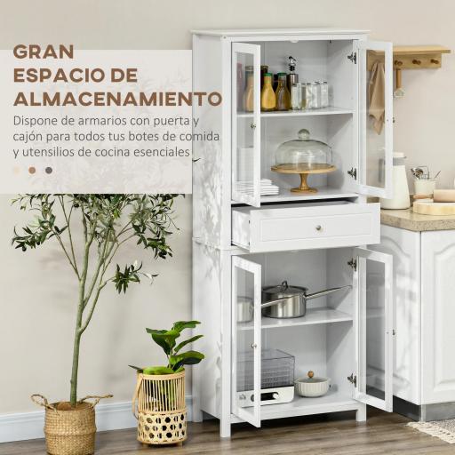 Alacena de Cocina Mueble Vitrina con 4 Puertas de Vidrio Templado Cajón y Estantes Ajustables 74x35,5x181,5 cm Blanco [3]