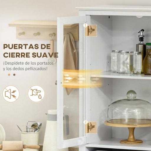 Alacena de Cocina Mueble Vitrina con 4 Puertas de Vidrio Templado Cajón y Estantes Ajustables 74x35,5x181,5 cm Blanco [4]