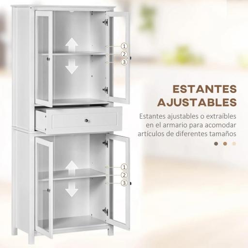 Alacena de Cocina Mueble Vitrina con 4 Puertas de Vidrio Templado Cajón y Estantes Ajustables 74x35,5x181,5 cm Blanco [2]