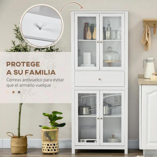 Alacena de Cocina Mueble Vitrina con 4 Puertas de Vidrio Templado Cajón y Estantes Ajustables 74x35,5x181,5 cm Blanco [5]