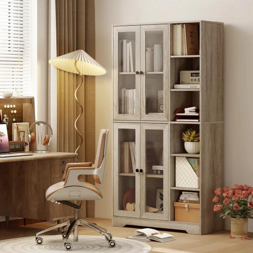 Alacena de Cocina con Vitrinas con 4 Puertas Cierre Suave y Estantes Ajustables, 90x35x172 cm Gris Claro [6]