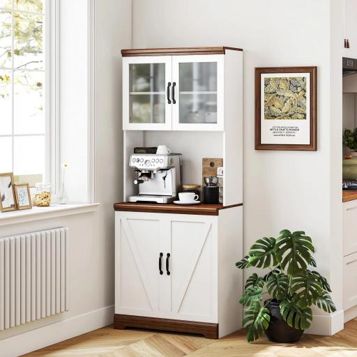 Alacena de Cocina Mueble Auxiliar con 2 Puertas de Vidrio y Baldas Ajustables 72x40x178 cm Blanco