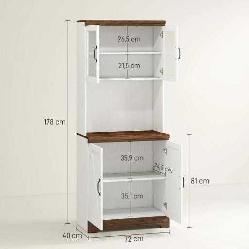 Alacena de Cocina Mueble Auxiliar con 2 Puertas de Vidrio y Baldas Ajustables 72x40x178 cm Blanco [1]