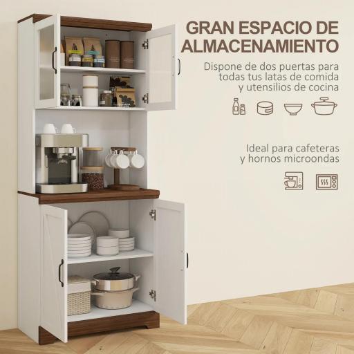 Alacena de Cocina Mueble Auxiliar con 2 Puertas de Vidrio y Baldas Ajustables 72x40x178 cm Blanco [4]