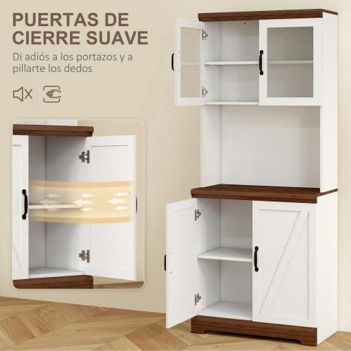 Alacena de Cocina Mueble Auxiliar con 2 Puertas de Vidrio y Baldas Ajustables 72x40x178 cm Blanco [3]