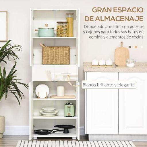 Aparador Alacena de Cocina Mueble Auxiliar con 4 Puertas 2 Cajones y Estantes Ajustables 60x35x170 cm Blanco [5]