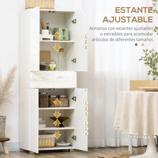 Aparador Alacena de Cocina Mueble Auxiliar con 4 Puertas 2 Cajones y Estantes Ajustables 60x35x170 cm Blanco [3]