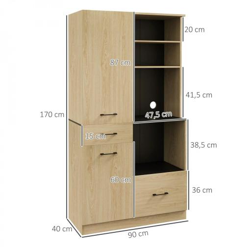 Armario de Cocina con 2 Cajones 2 Armarios 4 Estantes Abiertos Estilo Moderno 90x40x170 cm Roble y Negro [1]