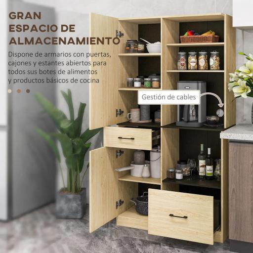 Armario de Cocina con 2 Cajones 2 Armarios 4 Estantes Abiertos Estilo Moderno 90x40x170 cm Roble y Negro [2]