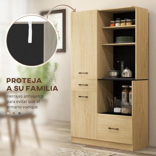 Armario de Cocina con 2 Cajones 2 Armarios 4 Estantes Abiertos Estilo Moderno 90x40x170 cm Roble y Negro [4]