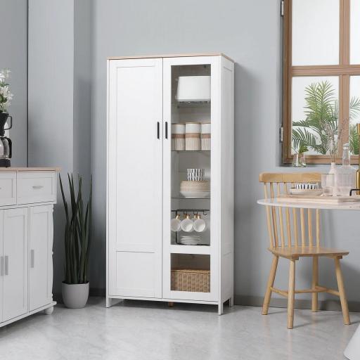 Alacena de Cocina Mueble Auxiliar de Cocina con Puerta de Vidrio y Estantes Ajustables para Comedor 76x36x160 cm Blanco