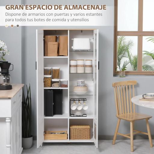 Alacena de Cocina Mueble Auxiliar de Cocina con Puerta de Vidrio y Estantes Ajustables para Comedor 76x36x160 cm Blanco [2]