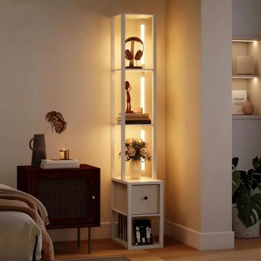 Lámpara de Pie Moderna con Estantes Abiertos Cajón de Tela e Interruptor de Pie para Dormitorio Sala de Estar Blanco