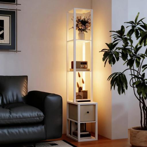 Lámpara de Pie Moderna con Estantes Abiertos Cajón de Tela e Interruptor de Pie para Dormitorio Sala de Estar Blanco [3]