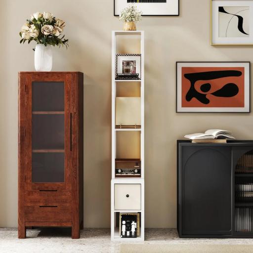 Lámpara de Pie Moderna con Estantes Abiertos Cajón de Tela e Interruptor de Pie para Dormitorio Sala de Estar Blanco [2]