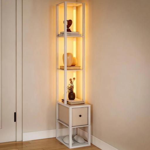 Lámpara de Pie Moderna con Estantes Abiertos Cajón de Tela e Interruptor de Pie para Dormitorio Sala de Estar Blanco [8]