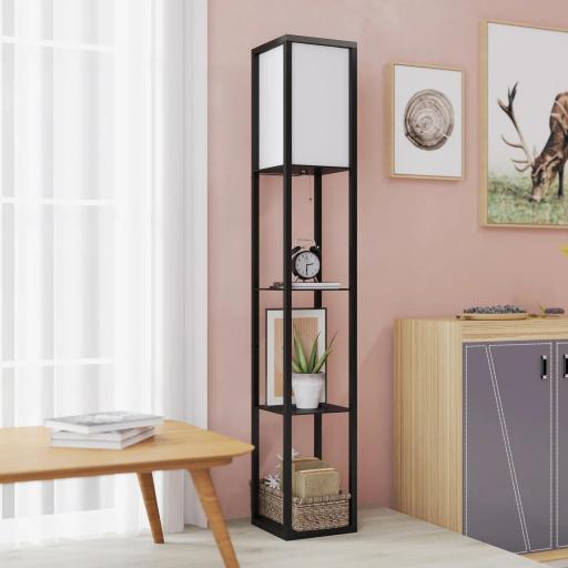 Lámpara de Pie de Madera con 3 Estantes de Almacenaje para Bombilla E27 Potencia Máx. 40W Lámpara Moderna para Salón Dormitorio 26x26x160 cm Negro y Blanco