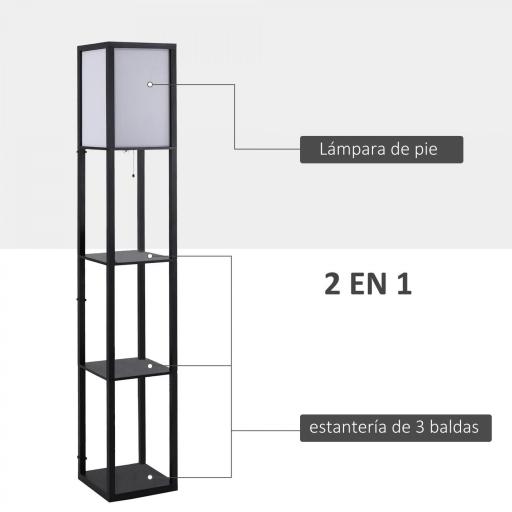 Lámpara de Pie de Madera con 3 Estantes de Almacenaje para Bombilla E27 Potencia Máx. 40W Lámpara Moderna para Salón Dormitorio 26x26x160 cm Negro y Blanco [3]