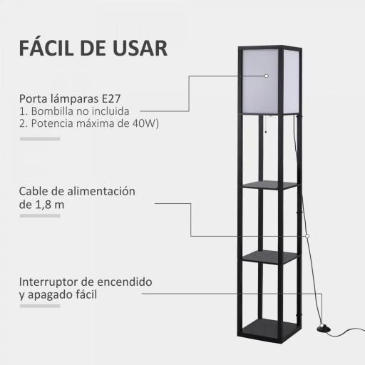 Lámpara de Pie de Madera con 3 Estantes de Almacenaje para Bombilla E27 Potencia Máx. 40W Lámpara Moderna para Salón Dormitorio 26x26x160 cm Negro y Blanco [2]