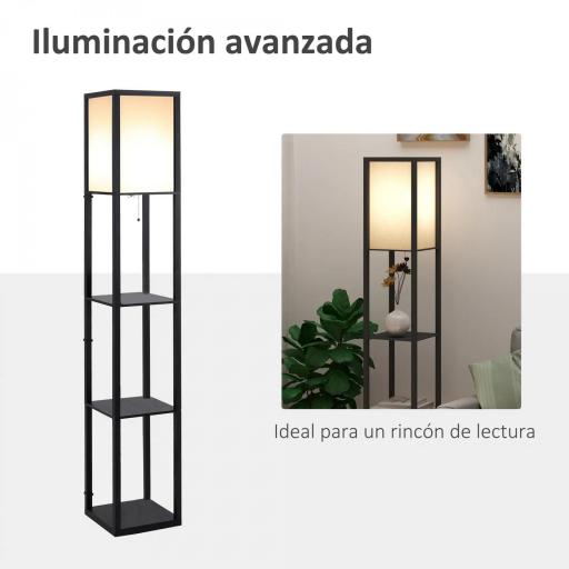 Lámpara de Pie de Madera con 3 Estantes de Almacenaje para Bombilla E27 Potencia Máx. 40W Lámpara Moderna para Salón Dormitorio 26x26x160 cm Negro y Blanco [4]